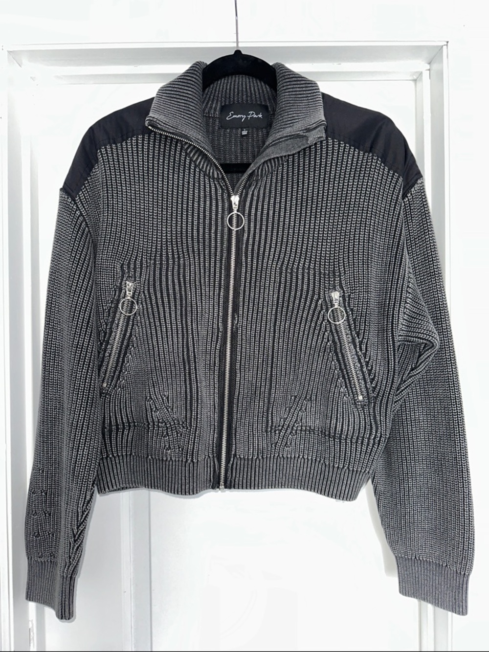 emory park Black & Gray Knit Zip-Up Bomber Jacket